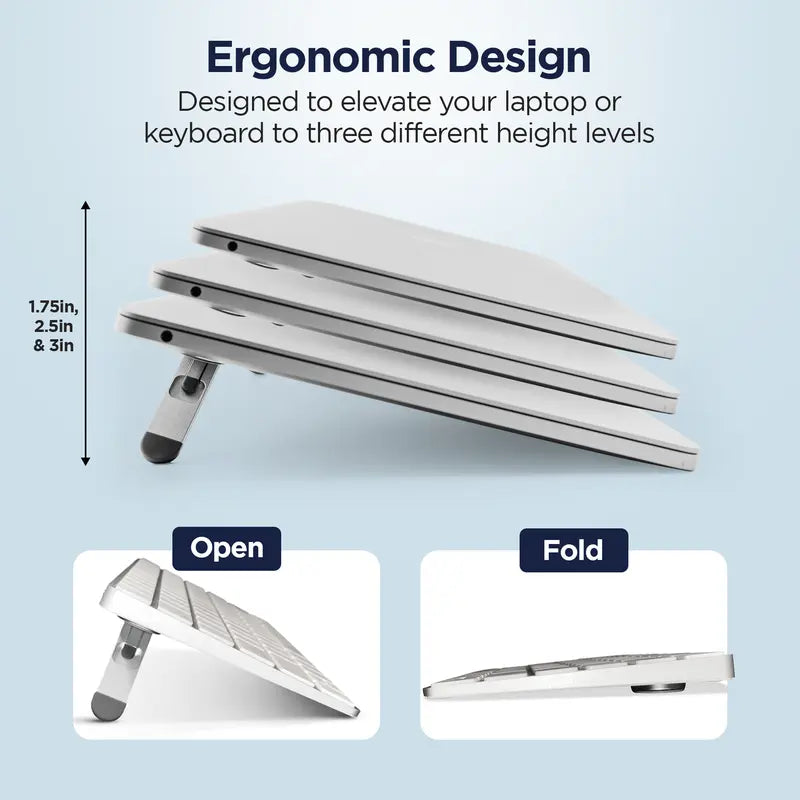 Laptop Portable raiser showing the different height it can reach. It can reach 1.75, 2.5, and 3 inches.