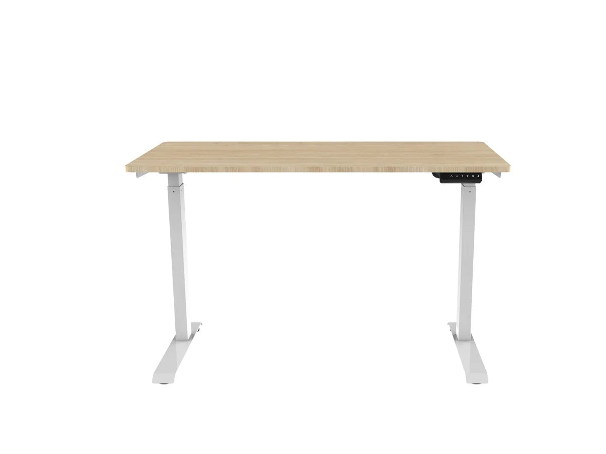 Electric Adjustable Desk with a white background looking directly in front of the table.