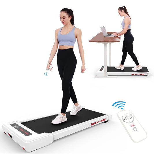 Small Treadmill showing a woman using it with a remote control and working on a laptop at the same time.