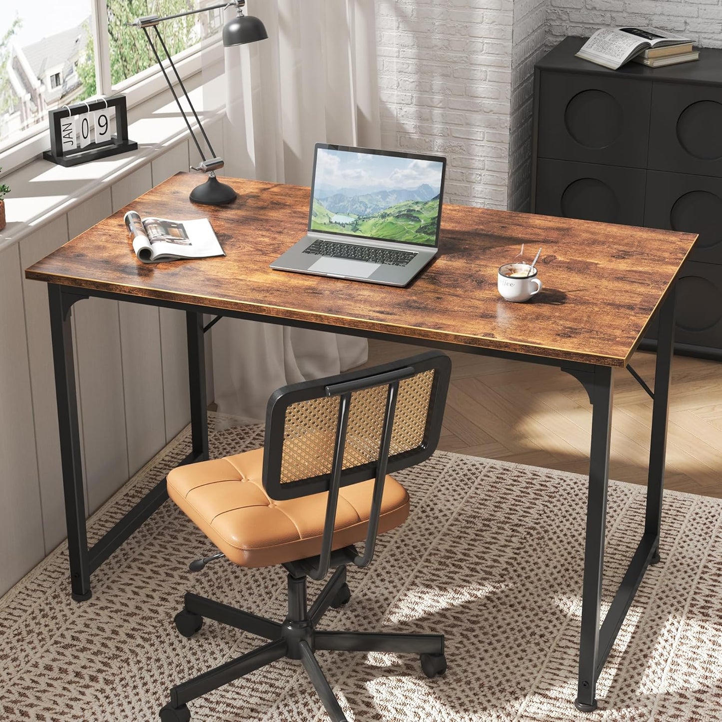 Wooden Rectangular Desk with a laptop and a window on the side.