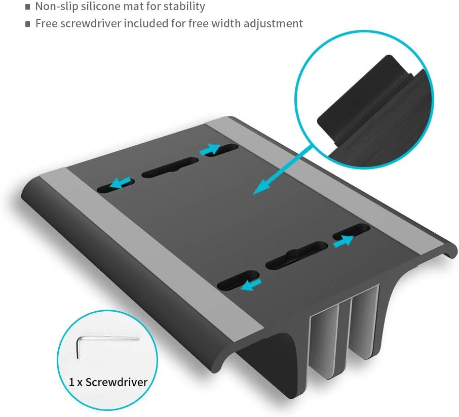 Vertical Laptop Stand showing how it has a silicon anti slip base for stability and a screwdriver to adjust the width.