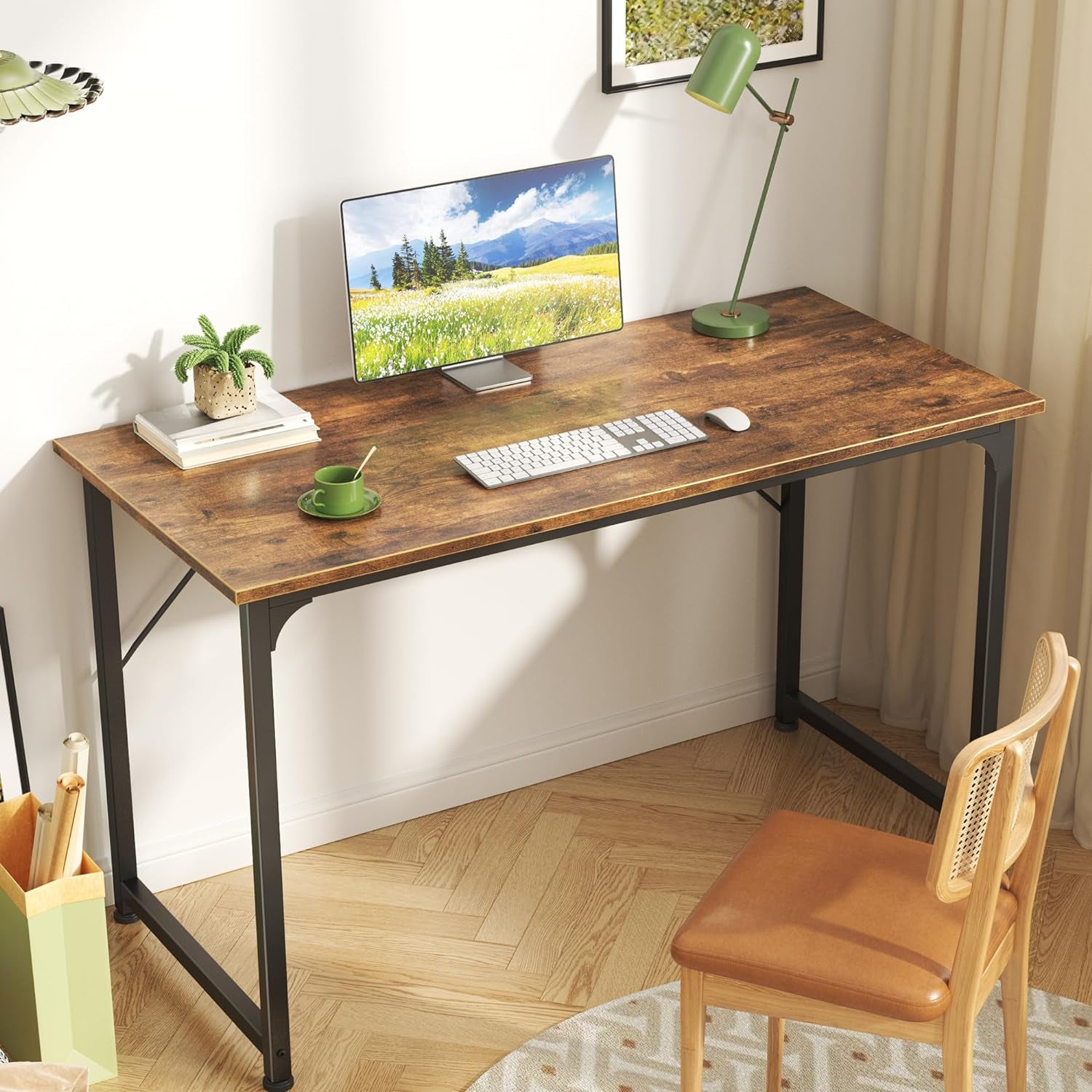 Wooden Rectangular Desk with a computer, keyboard, and a mouse on it.