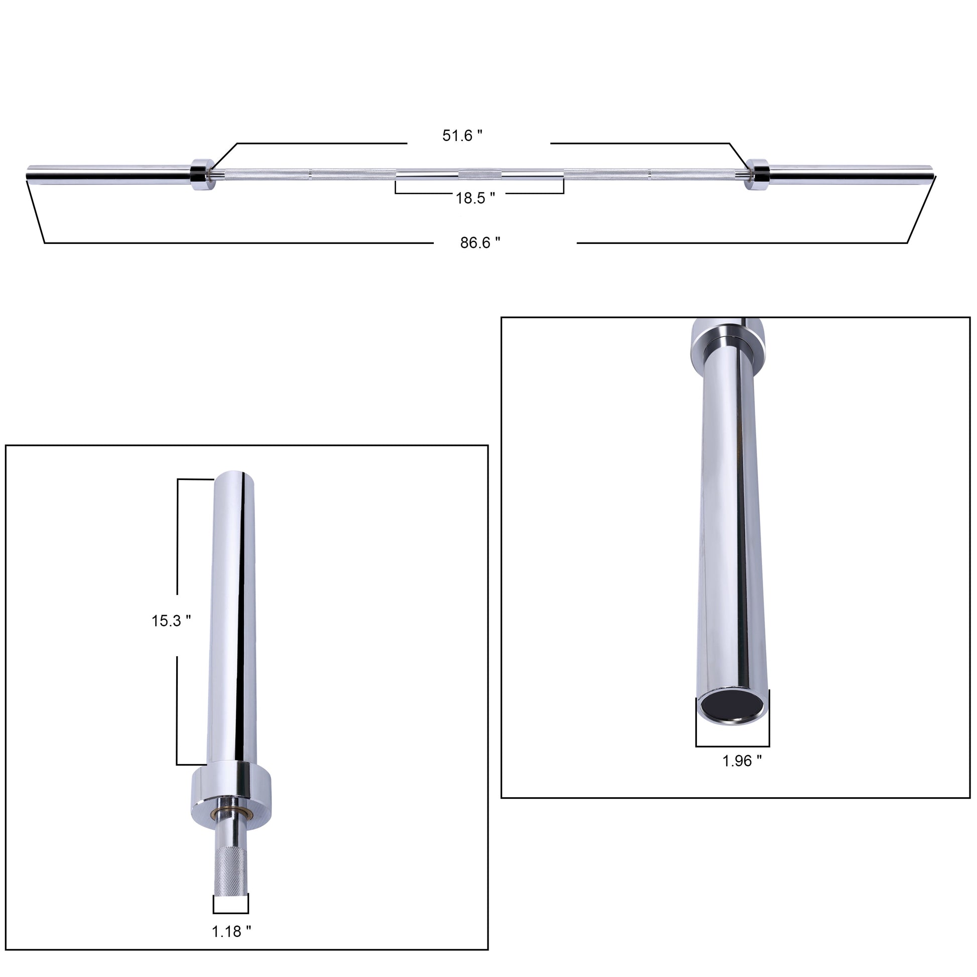 Olympic Barbell Bar showing the measurements. These are length 86.6" and thickness 2".