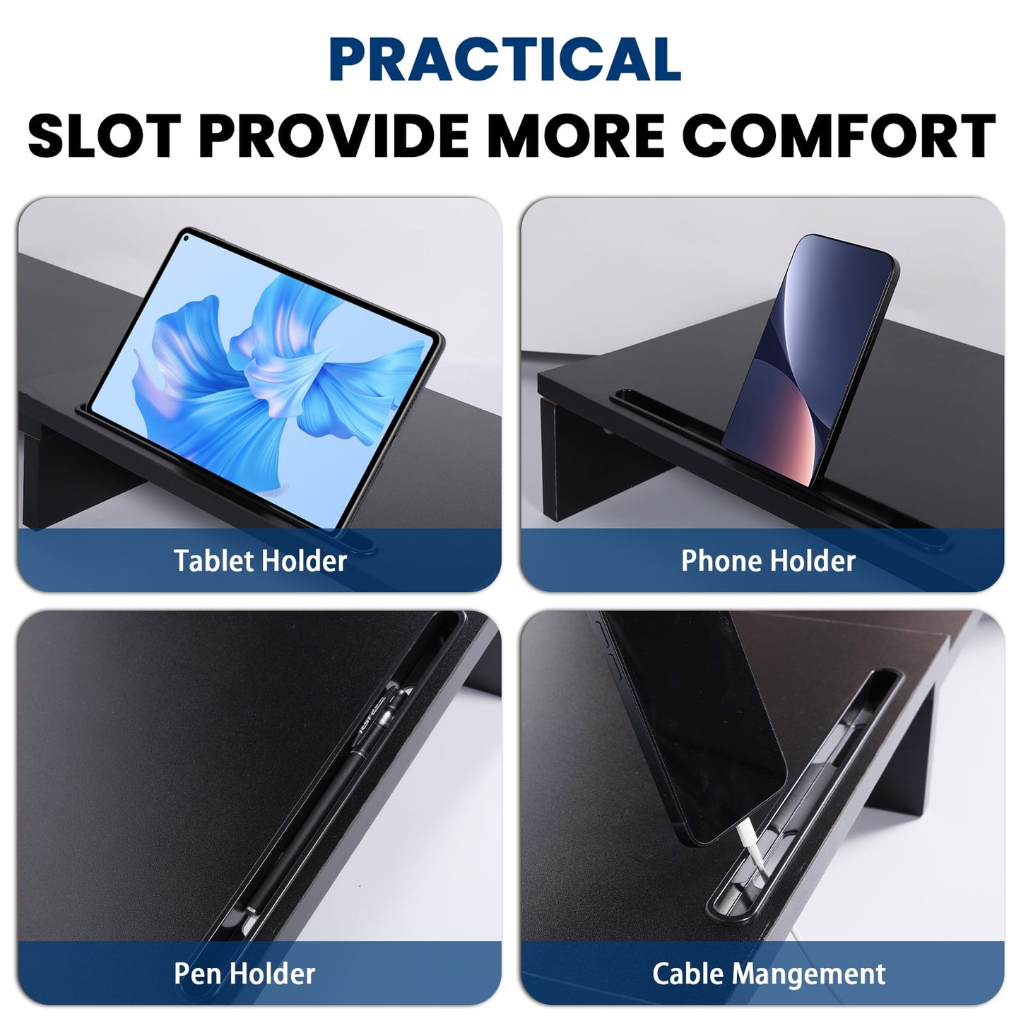 Dual Monitor Stand showing that it has a tablet holder a phone holder a pen holder and cable managent.