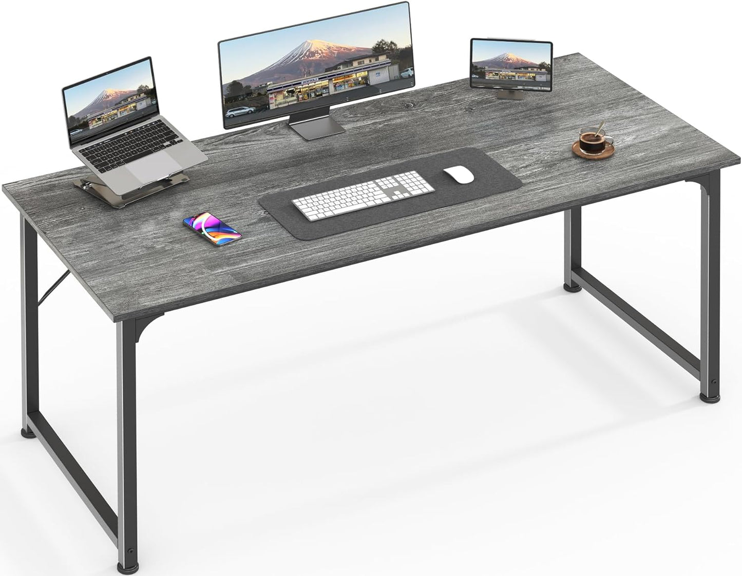 Grey Rectangular Desk with a computer and two screens.