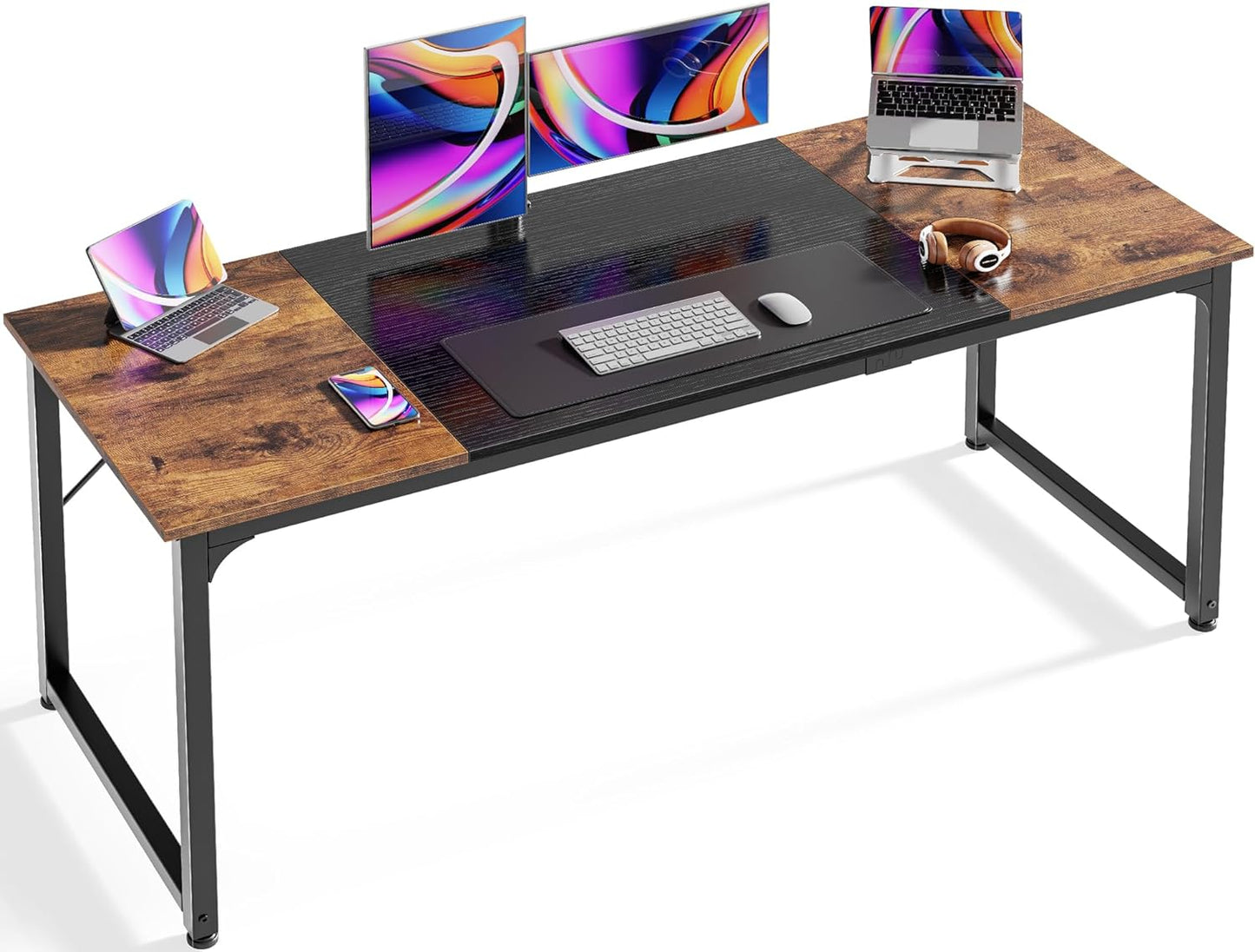 Rustic, Brown, Black Rectangular Desk with 2 computers and 2 screens.