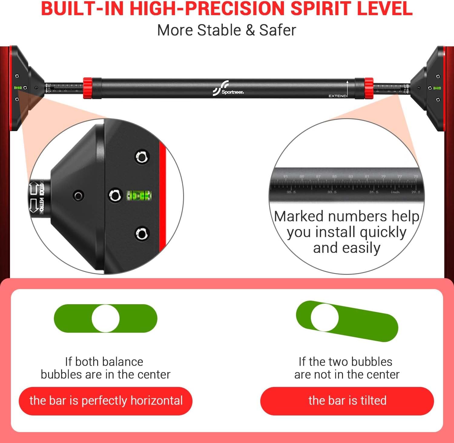 Pull Up Bar For Doorway showing how it has a built in balance and marked numbers to put up the bar.