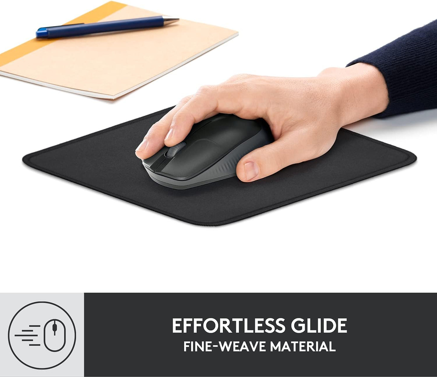 Black Mouse Pad showing how it has a fine weave material. 