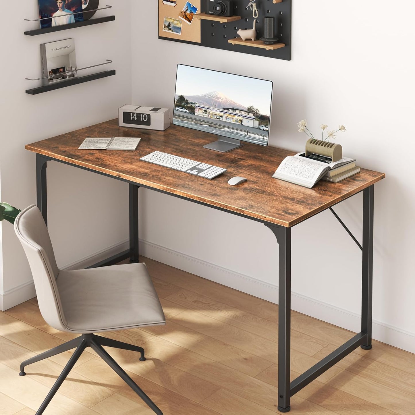 Wooden Rectangular Desk with a productivity focused setup.