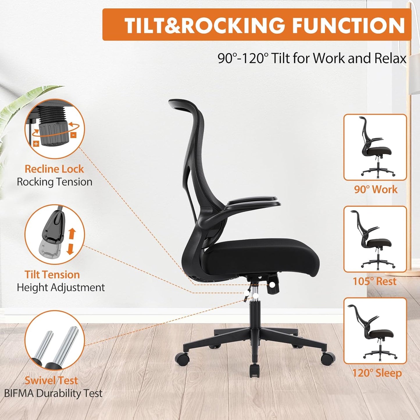 Office Chair showing all the features. These are recline lock, tilt tension, and swivel test.