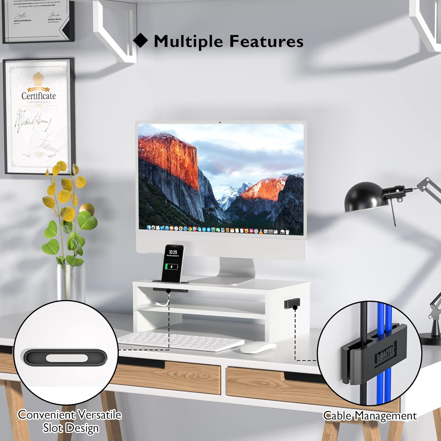 White Monitor Stand showing how it has a convenient slot design and cable management feature.