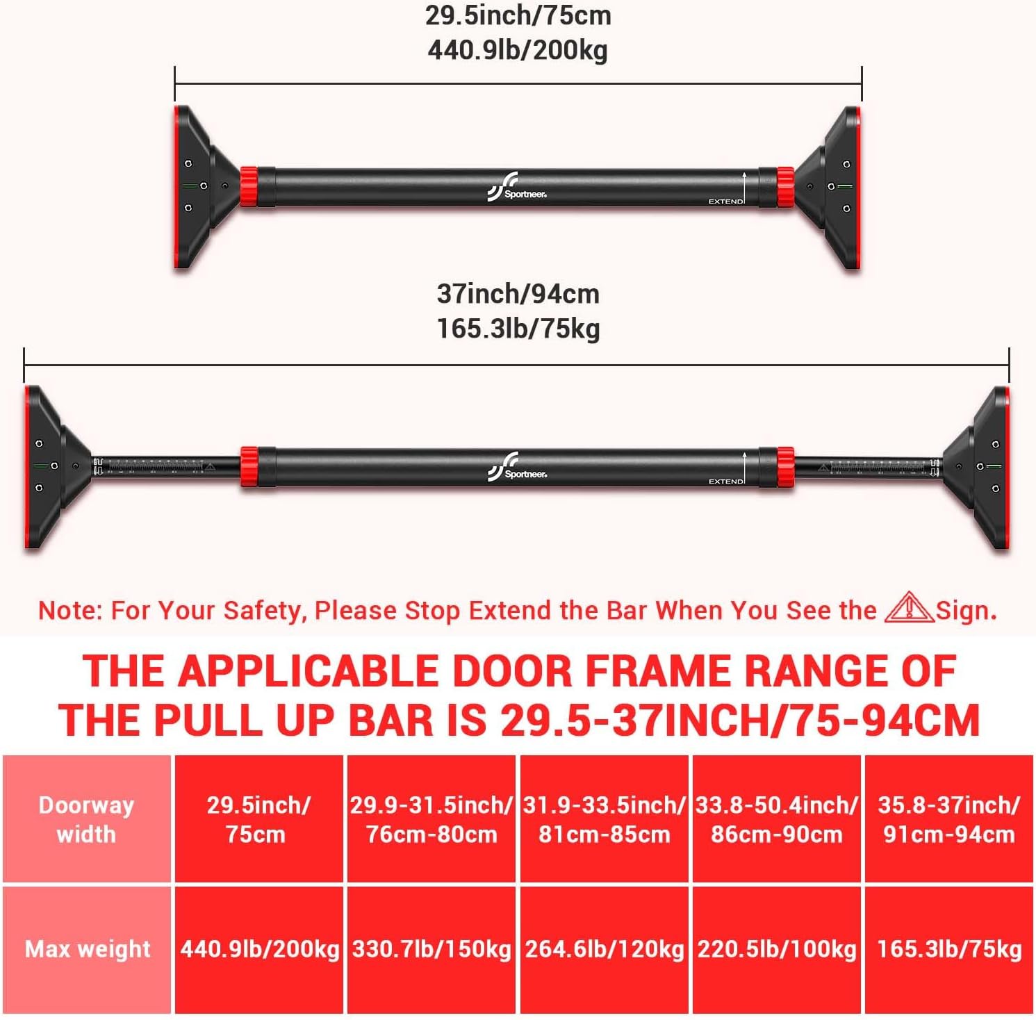 The pull up bar showing the require width of the doorway which is 29.5inches, 29.9-21 inches, 21.9- 33 inches, 33.8-50.4 inches, and 35.8-37 inches. It also shows the max weight for each doorway width which is in the same order as the doorway width that I wrote here 440.9lb, 330.7lb, 264lb, 220.5lb, and 165.3lb.