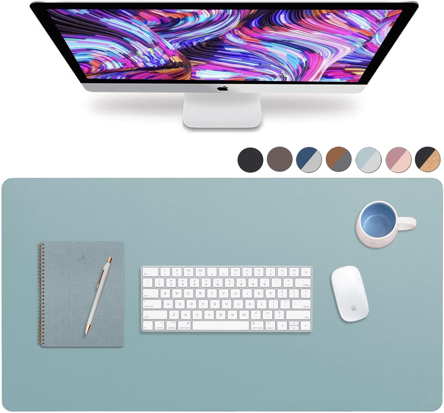 Light blue desk mat with a computer in front. The desk mat also has a notebook a keyboard and a mouse.