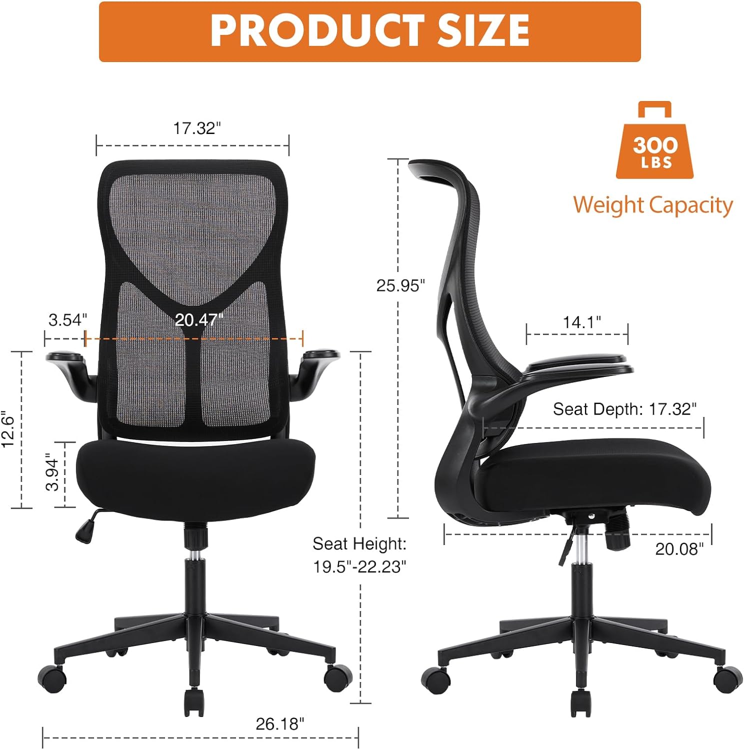 Office Chair showing the measurements and weight capacity. The weight capacity is 300lbs and the measurements are length 26.18" width 20.08" and an adjustable height up to 22.23".