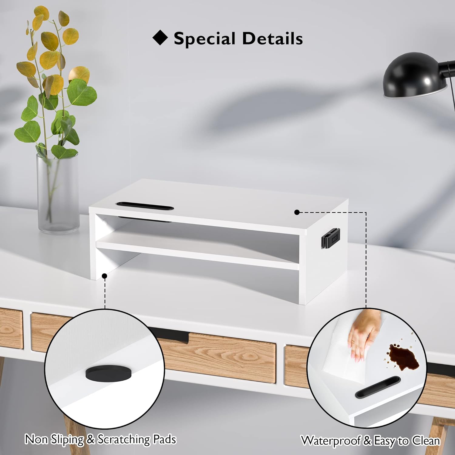 Monitor Stand showing other details like non sliping and scratching pads and a waterproof and easy to clean design.