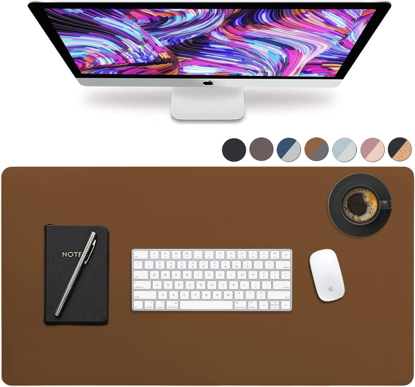 Brown desk mat with a computer in front. The desk mat also has a notebook a keyboard and a mouse.