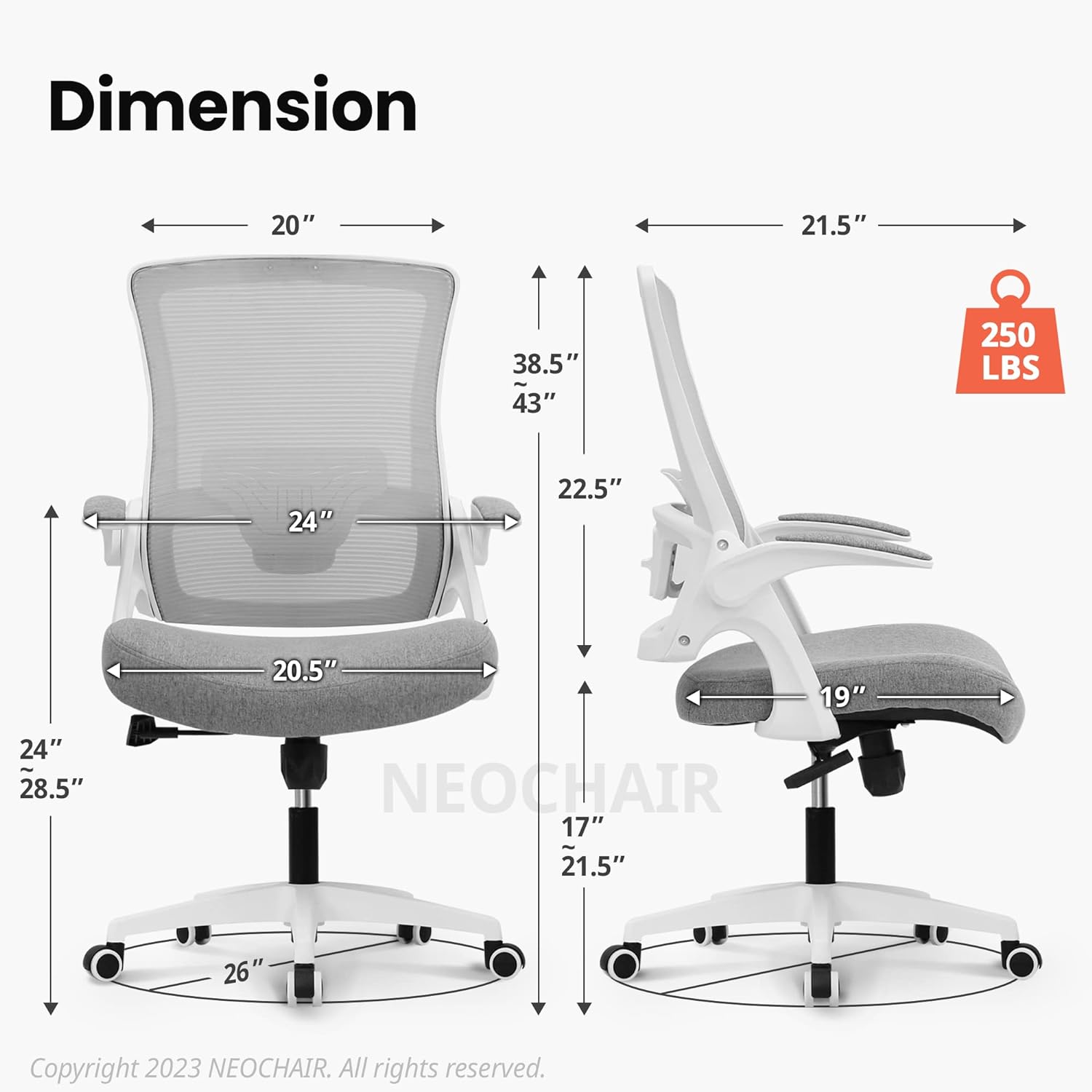 White Desk Chair showing the measurements and maximum weight of 250 Lbs.