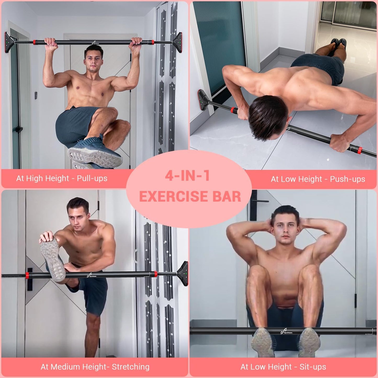 Pull Up Bar For Doorway showing that it also works for other types of exercises. These include, push ups and sit ups at low height, stretching at medium height , and finally push ups at high height.