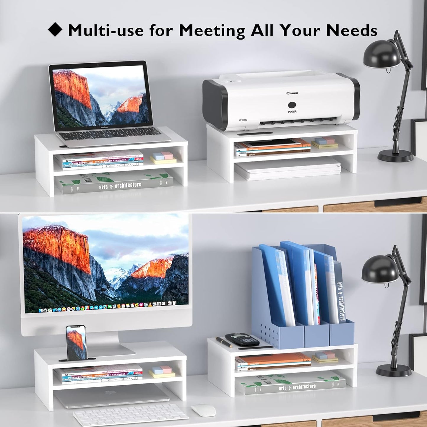 Monitor Stand showing how it can be use for multiple things like a printer or a bookshelf. 