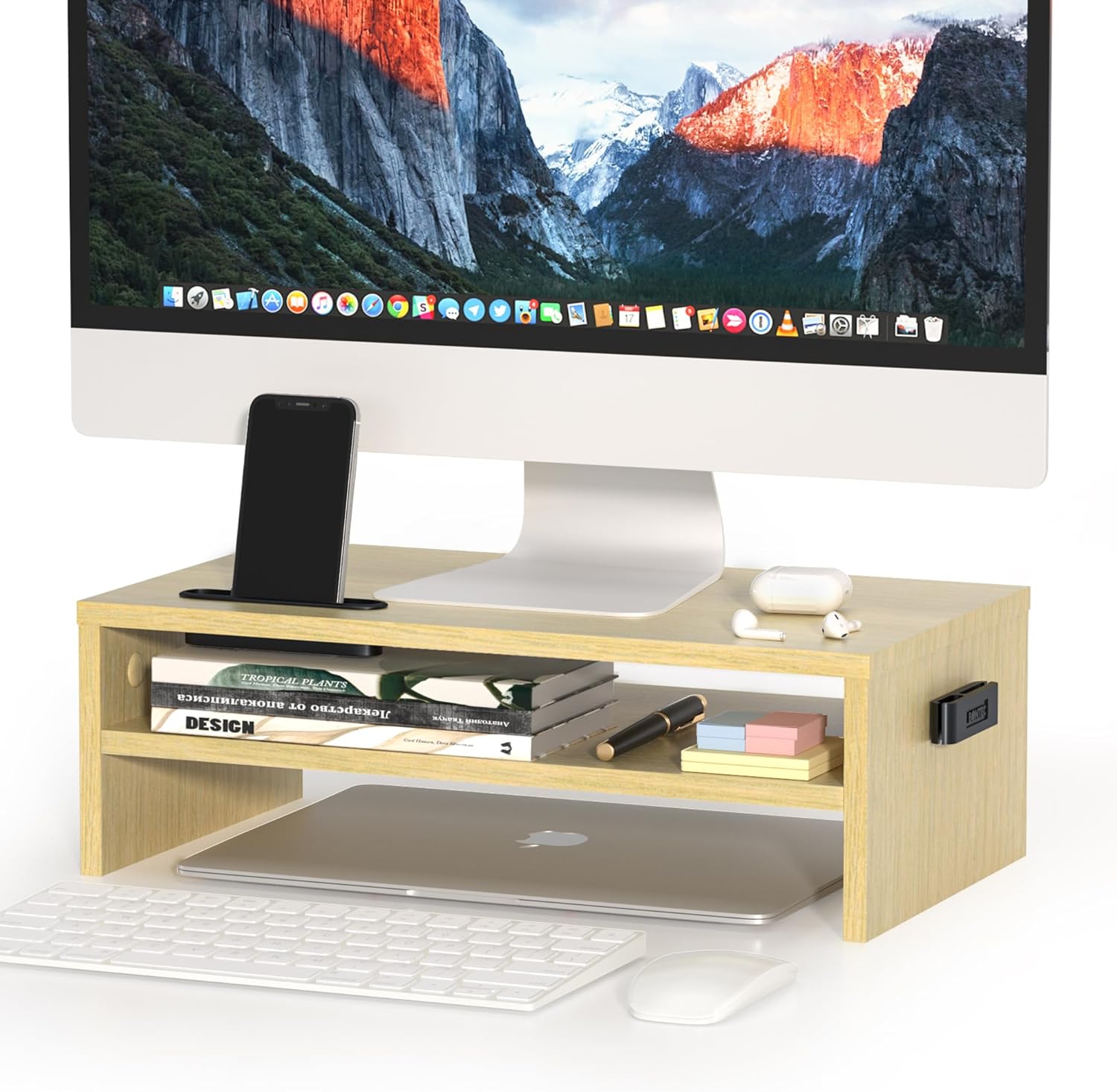 Color Maple Monitor Stand with a monitor at the top, a phone, a calculator, and some books.