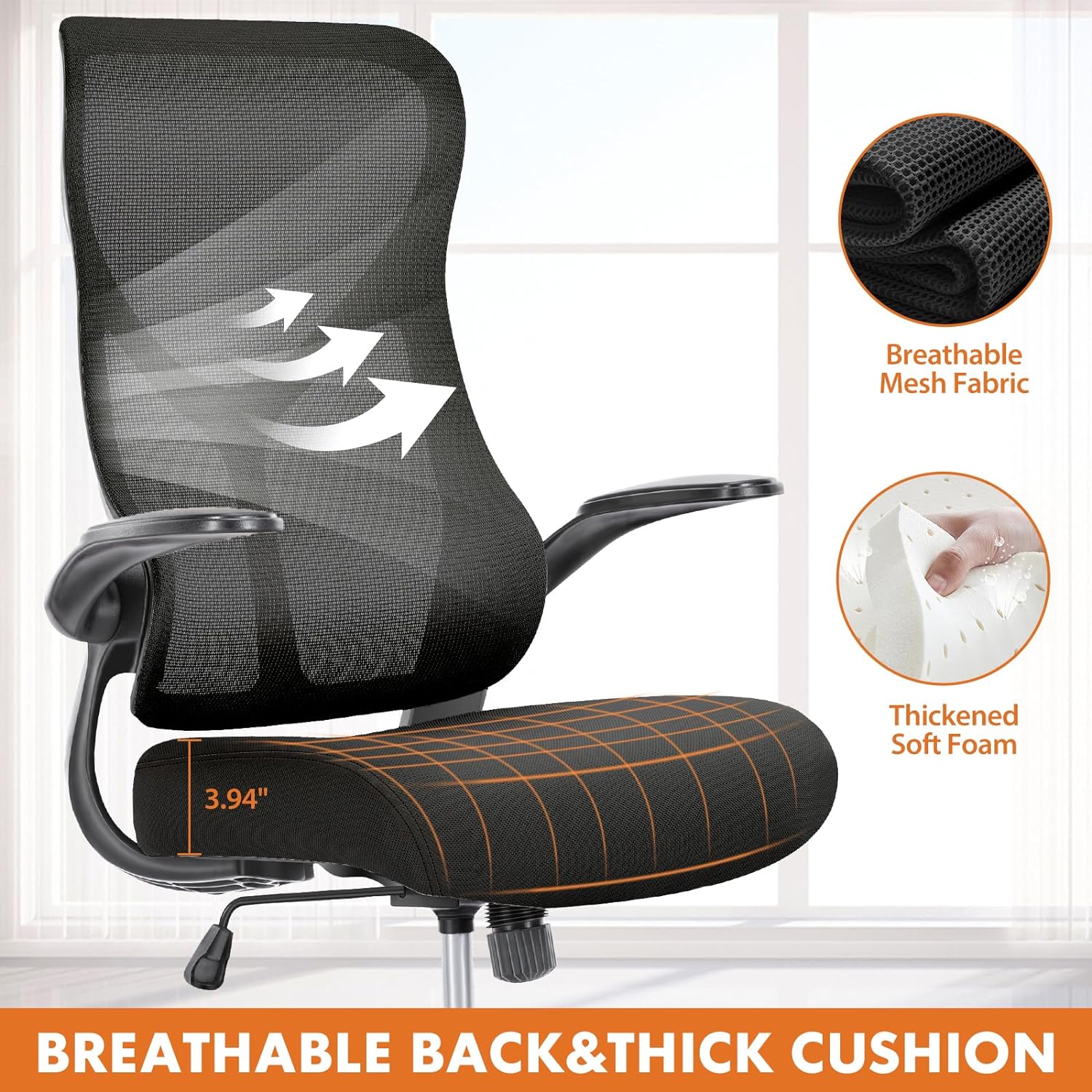 Office Chair showing how it has a breathable back and a thick cushion.