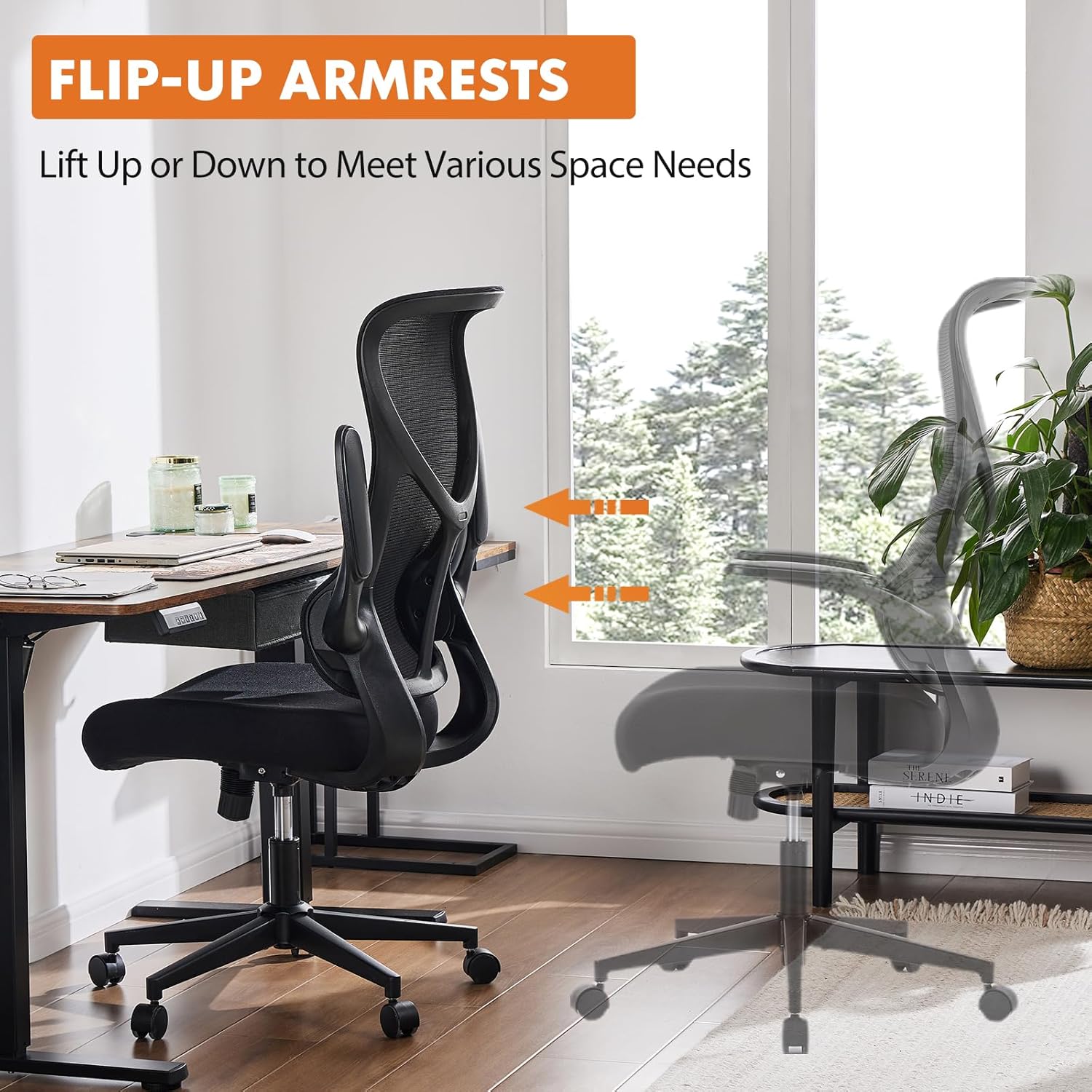 Office Chair showing how the armrests can be put up to save space.