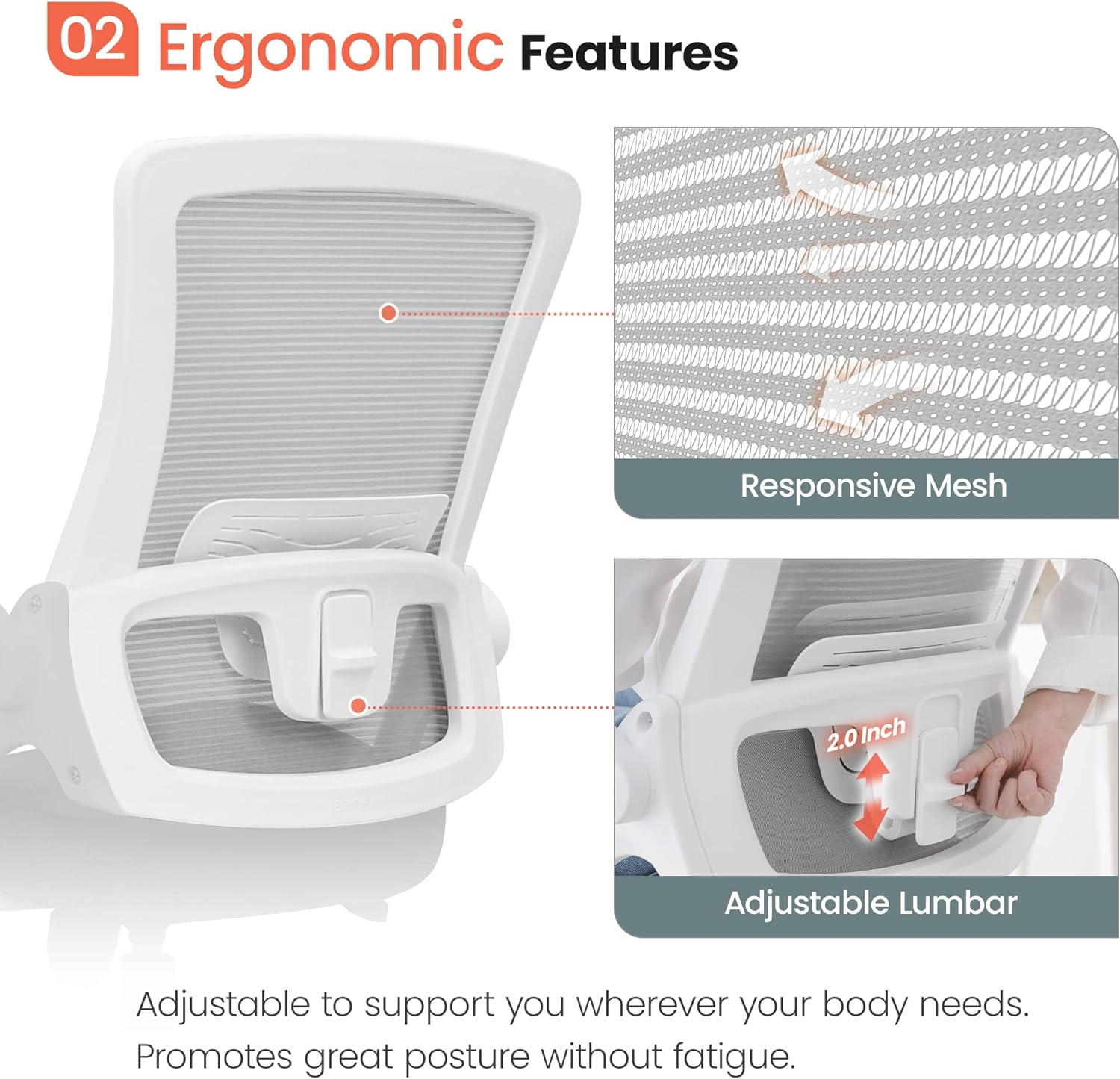 White Desk Chair showing how it has a responsible mesh and an adjustable lumbar.