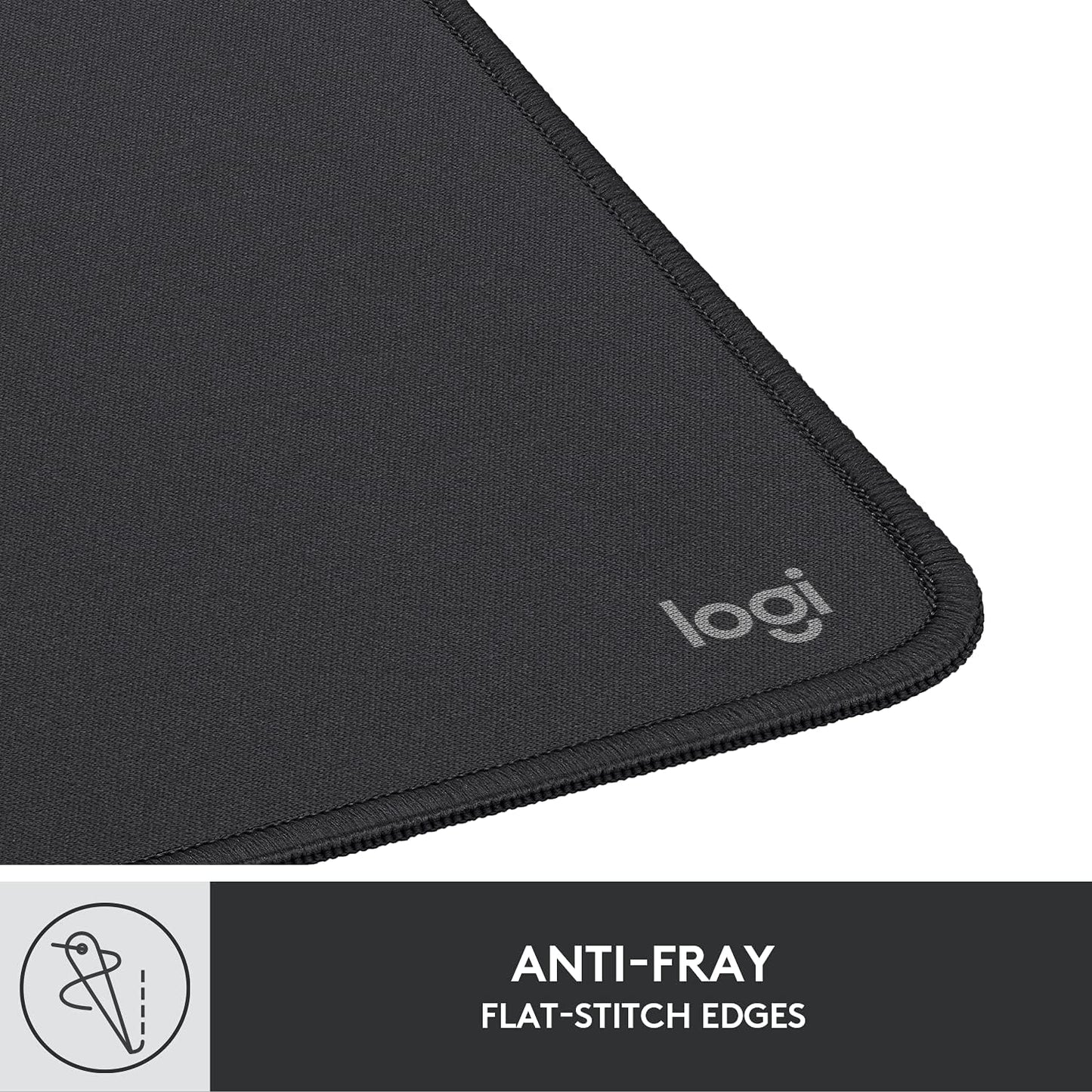 Black Mouse Pad showing how it has anti-fray edges. 