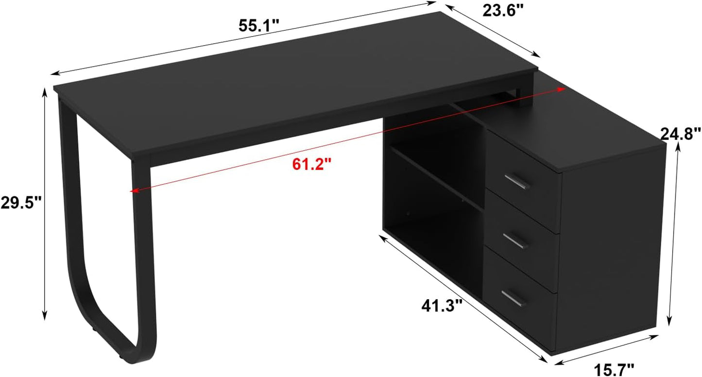 L Shape Black Desk showing the measurements. Theses are 61.2 inches length and 41.3 inches width, and 29.3 inches height.