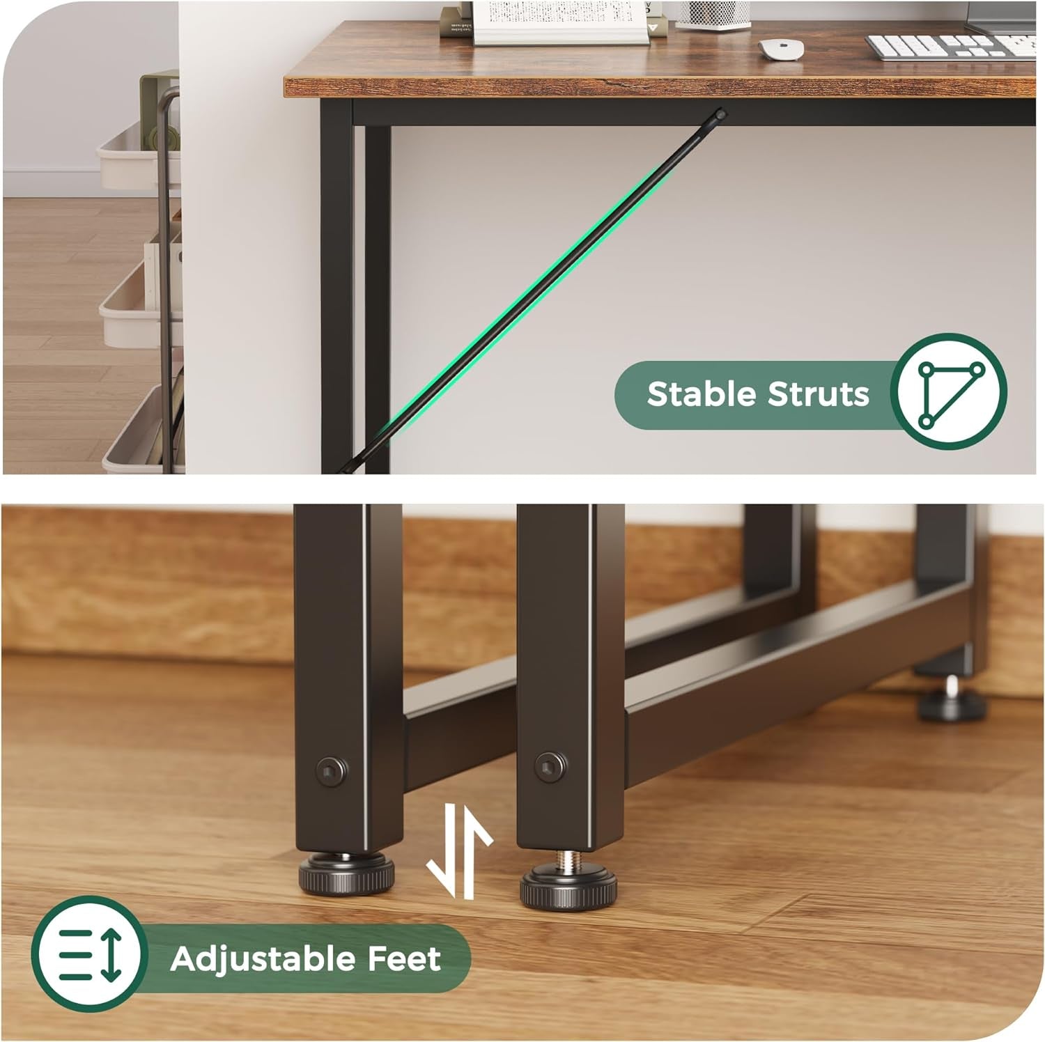 Wooden Rectangular Desk showing how it has a stable structure and a adjustable feet.