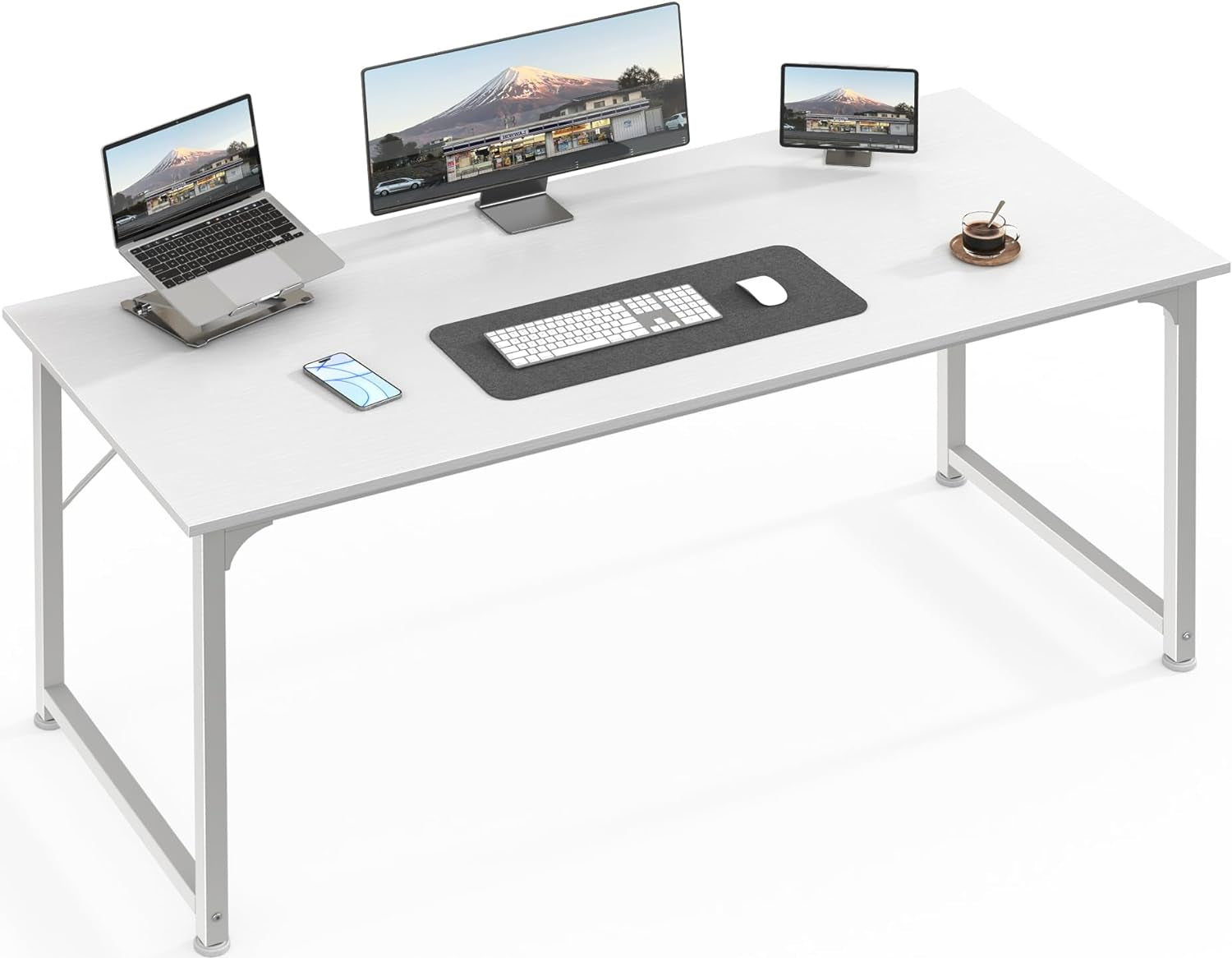 White, Rectangular Desk with a computer and 2 screens.