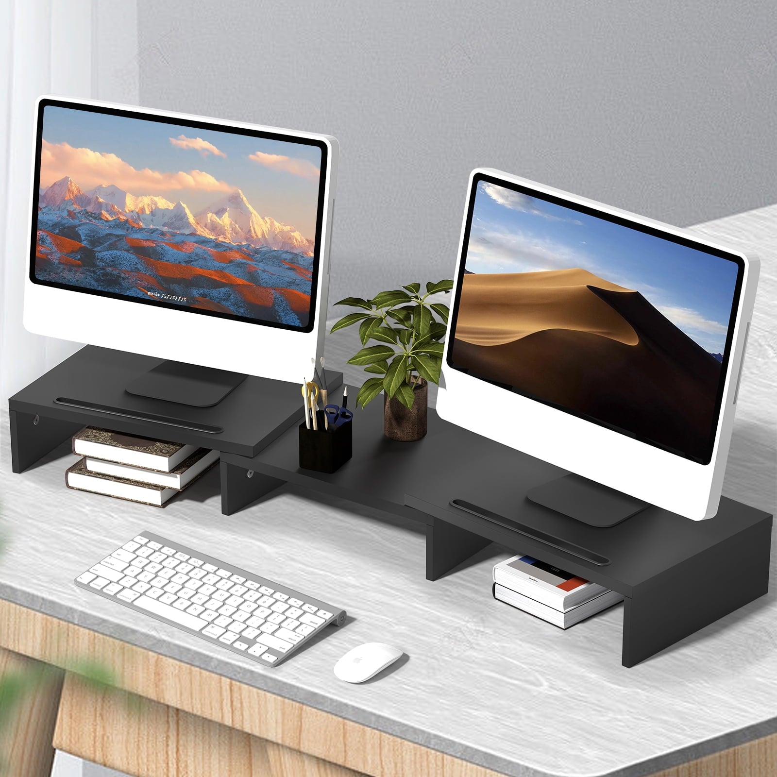 Dual Monitor Stand with two computers on a desk.