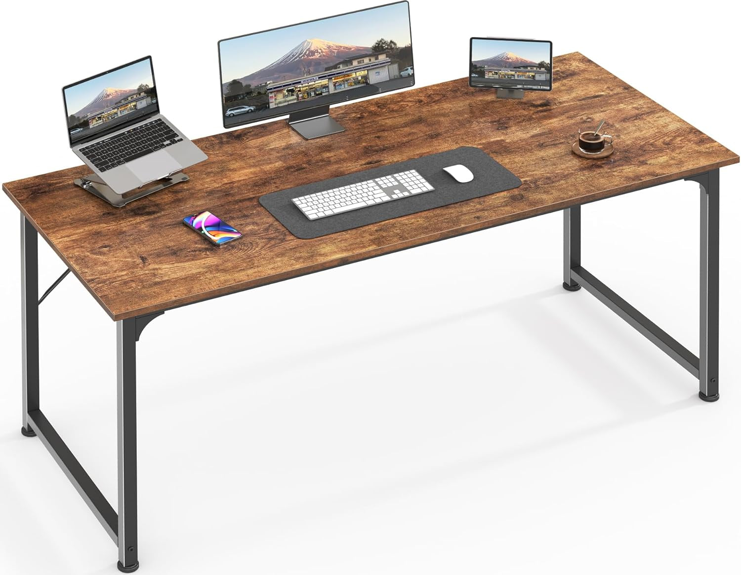 Wooden Rectangular Desk with a blank background and a computer with 2 screens on top.