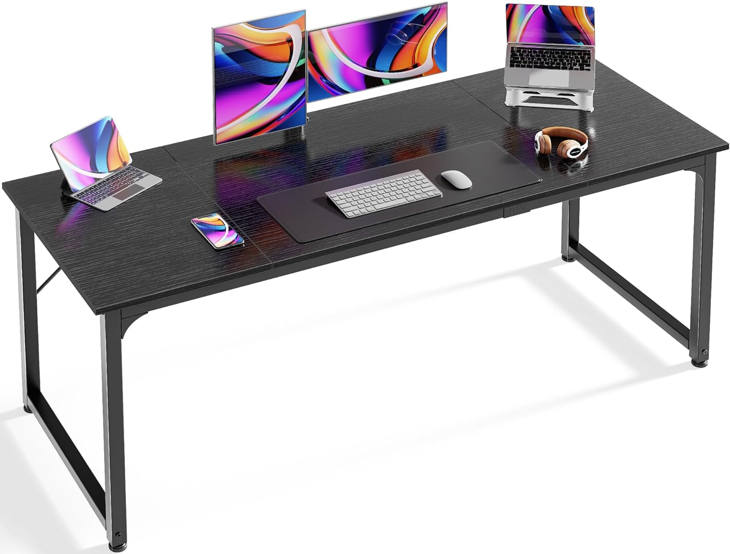 Larger, Black, Rectangular Desk with 2 computers and 2 screens.