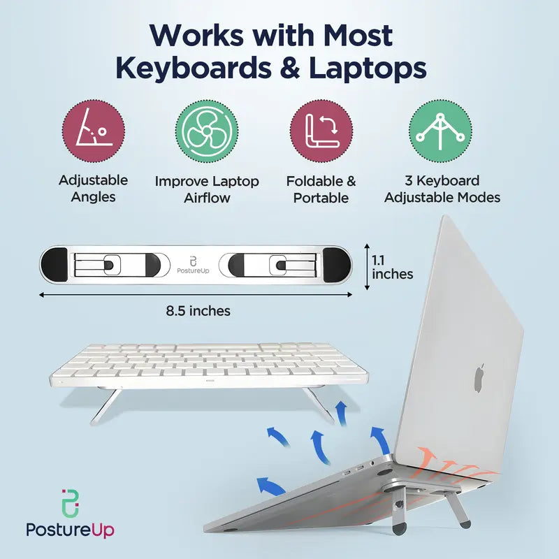 Laptop Portable raiser highlighting all the feature. Like, adjustable angles, improve laptop airflow, foldable and portable, and finally 3 keyboard adjustable modes.