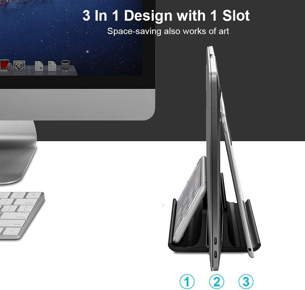 Vertical Laptop Stand showing it has a 3 in 1 design because it also works as a phone and tablet holder.