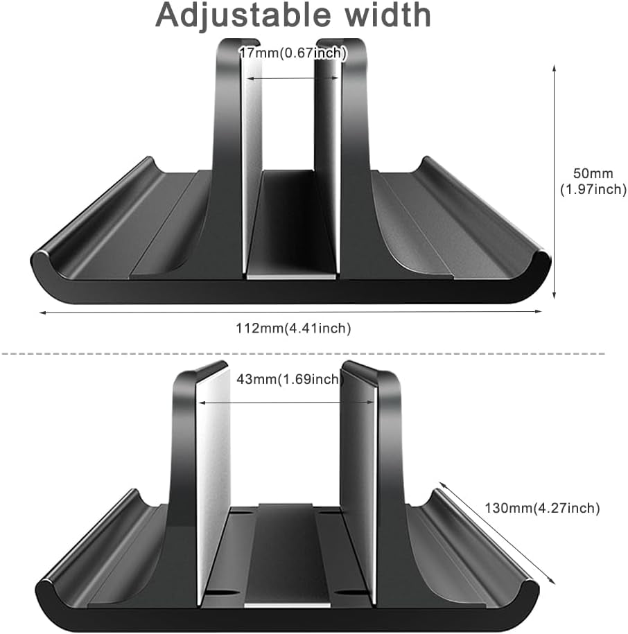 Vertical Laptop Stand showing that it supports laptops from 17mm to 43mm thick.