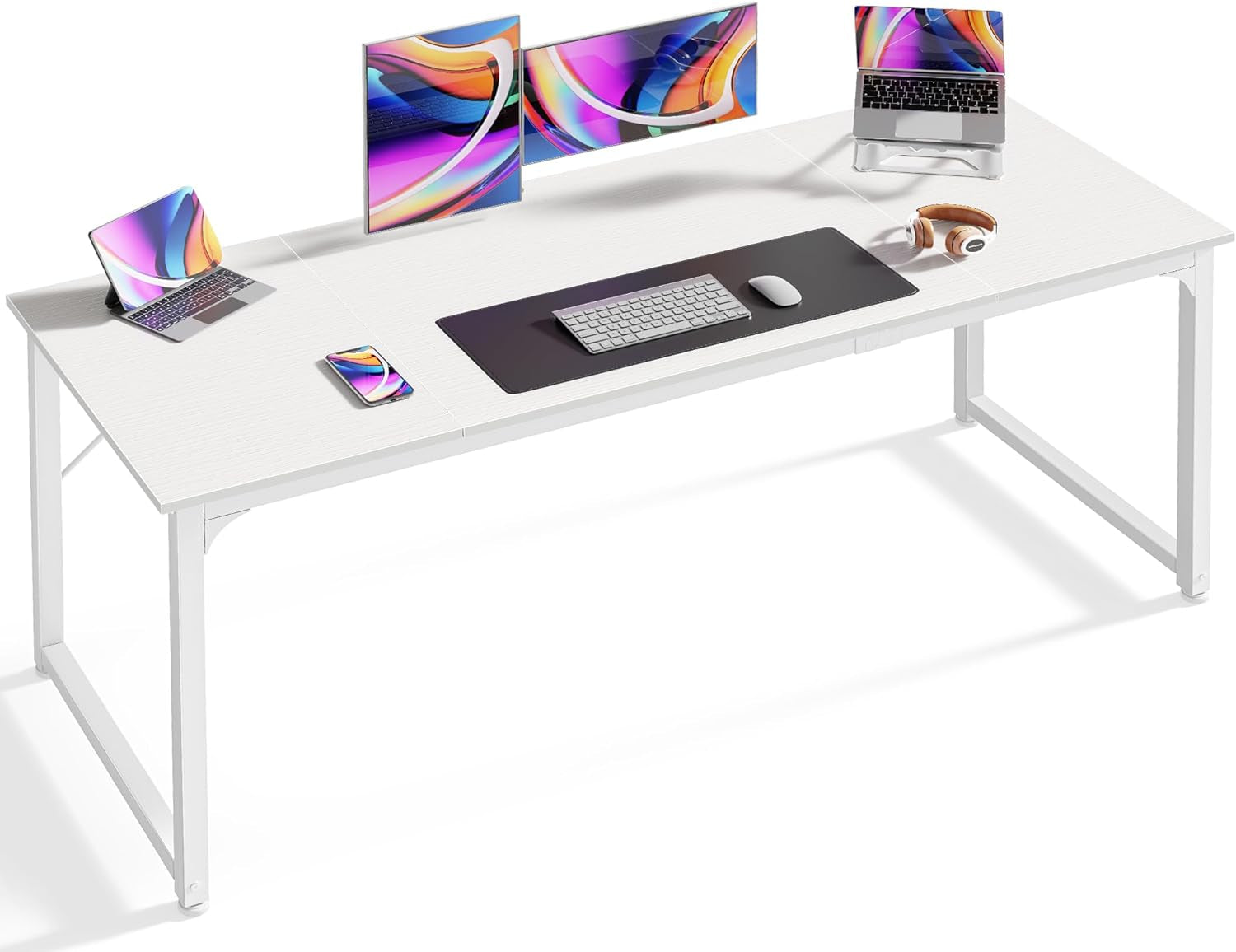 White Rectangular Desk with 2 computers and 2 screens.