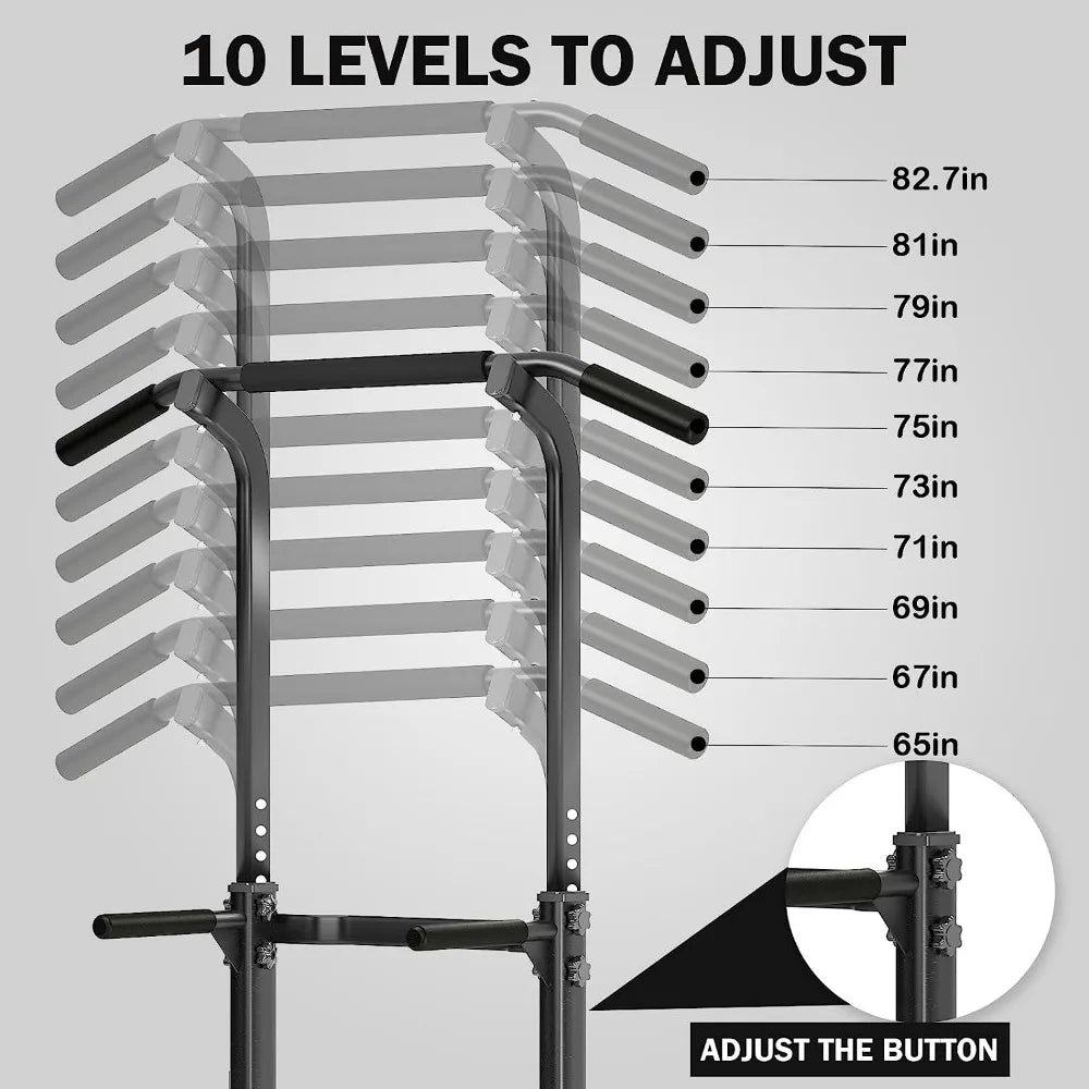 Pull Up Bar Station showing how it has an adjustable height of 65-82.7in.