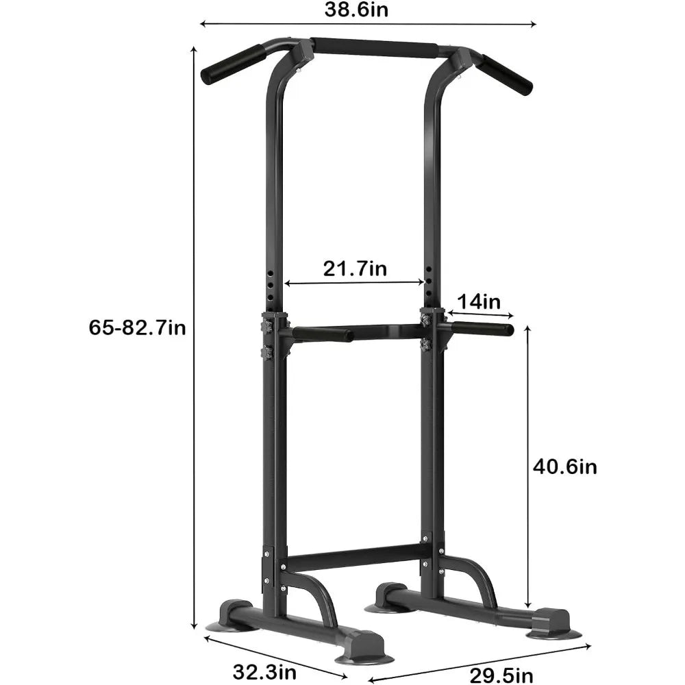 Pull Up Bar Station showing the measurements. Some of these are heigh 65-82.7in, length 38.6in, and more.