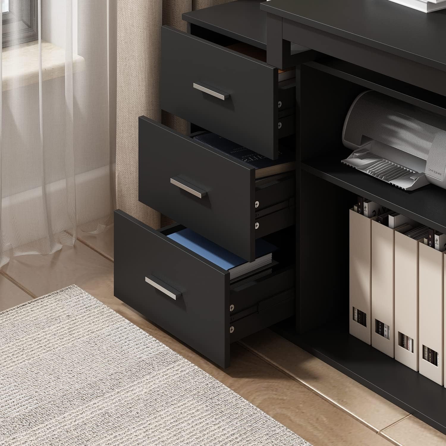 L Shape Black Desk showing the 3 cabinets.