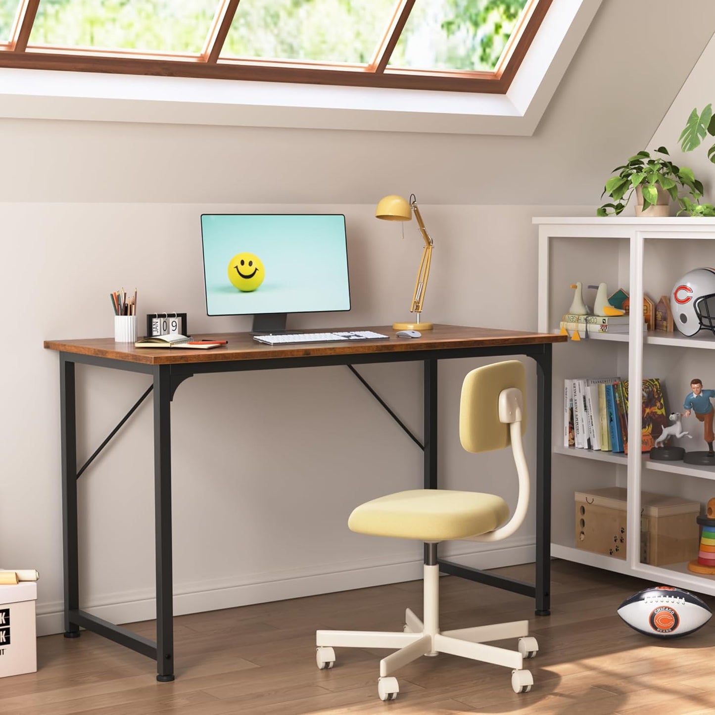 Wooden Rectangular Desk with a computer, a keyboard, and a mouse.