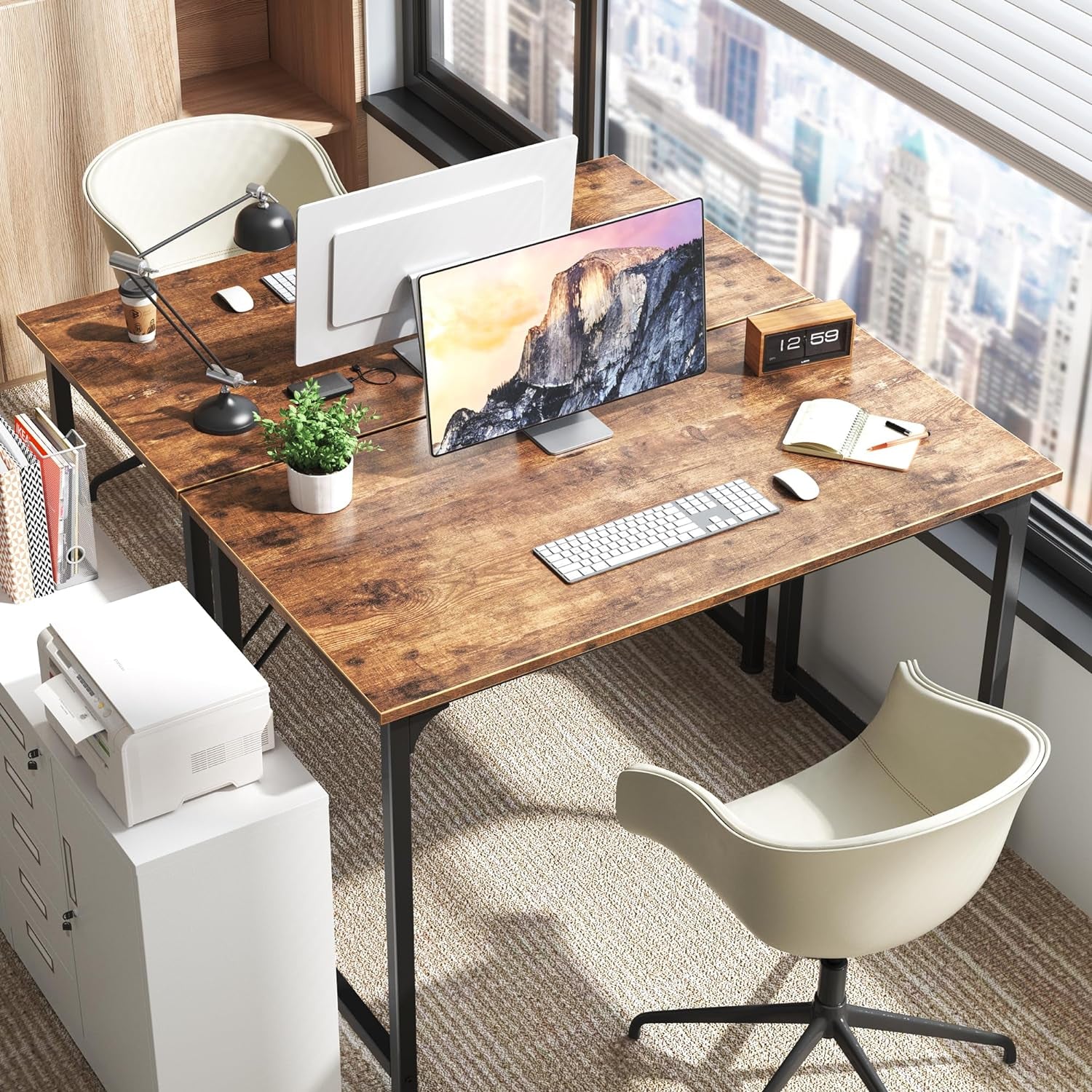 Wooden Rectangular Desk being used as a kind of office desk with the same desk in front.