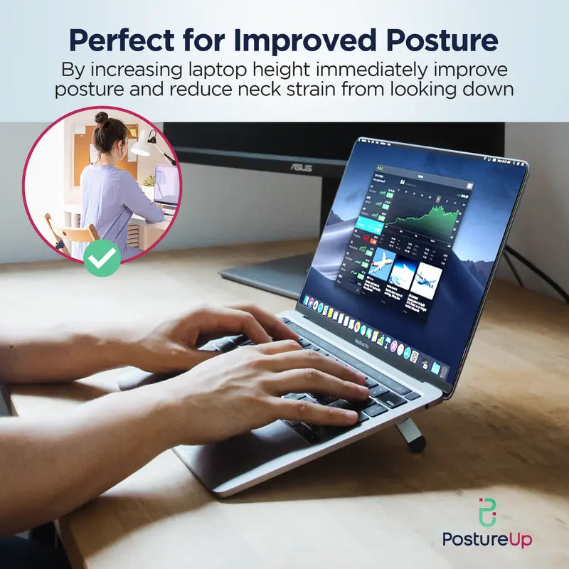 Laptop Portable raiser showing how it improves posture.